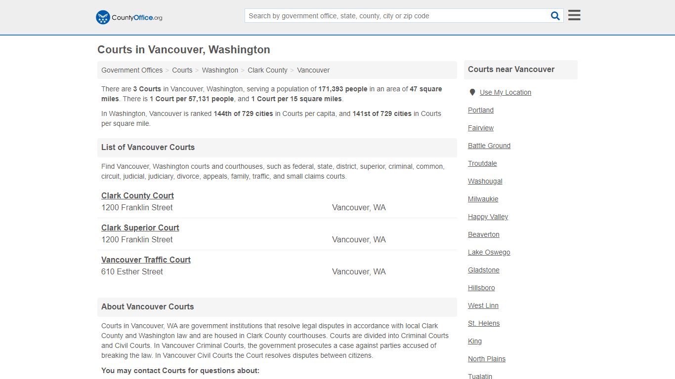 Courts - Vancouver, WA (Court Records & Calendars) - County Office